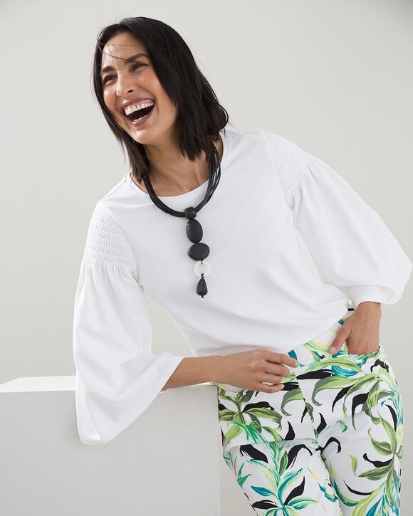 Chico's Tops - Chico's Women's White Casual 3/4 Sleeve Scoop Neck Smocked Shoulders SZ 3 US/XL